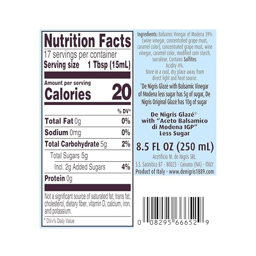 De Nigris Low Sugar Balsamic Glaze with Balsamic Vinegar of Modena | Premium Glaze for Food Tacos & Grilled Chicken | 8.