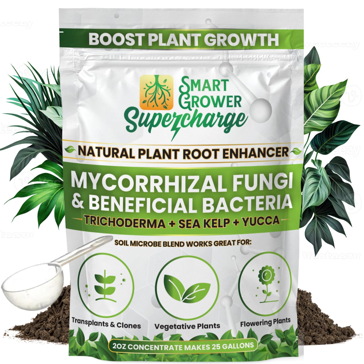 Mycorrhizal Fungi with Beneficial Bacteria, Trichoderma, Sea Kelp, Molasses, Yucca, Smart Grower Supercharge Plant Root